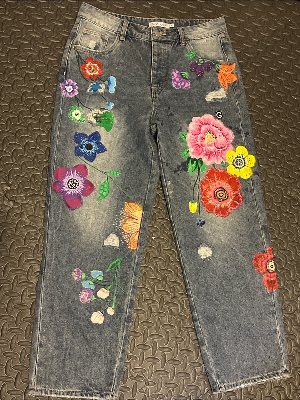 MISSLOOK hand painted Blue Denim Flare Jeans with Multicolor Floral.